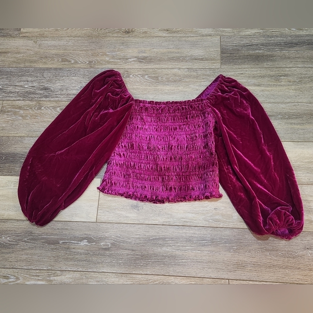 Anthropologie Puff Sleeve Velvet Fuschia Crop Blouse Size Large - Picture 6 of 7